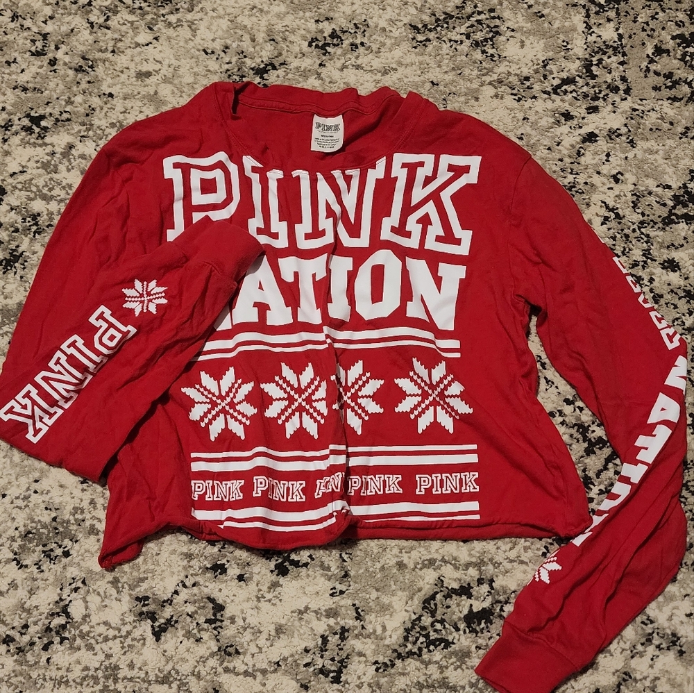 PINK Victoria's Secret Pink Nation Cropped Snowflakes longsleeve Red Womens M
